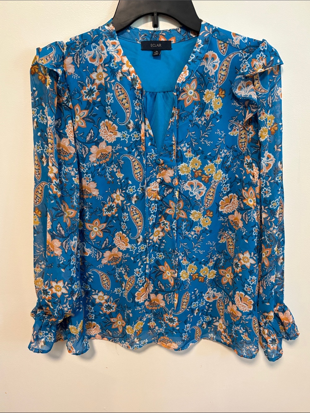 Eclair Blue Floral Paisley V-Neck Long-Sleeve Blouse